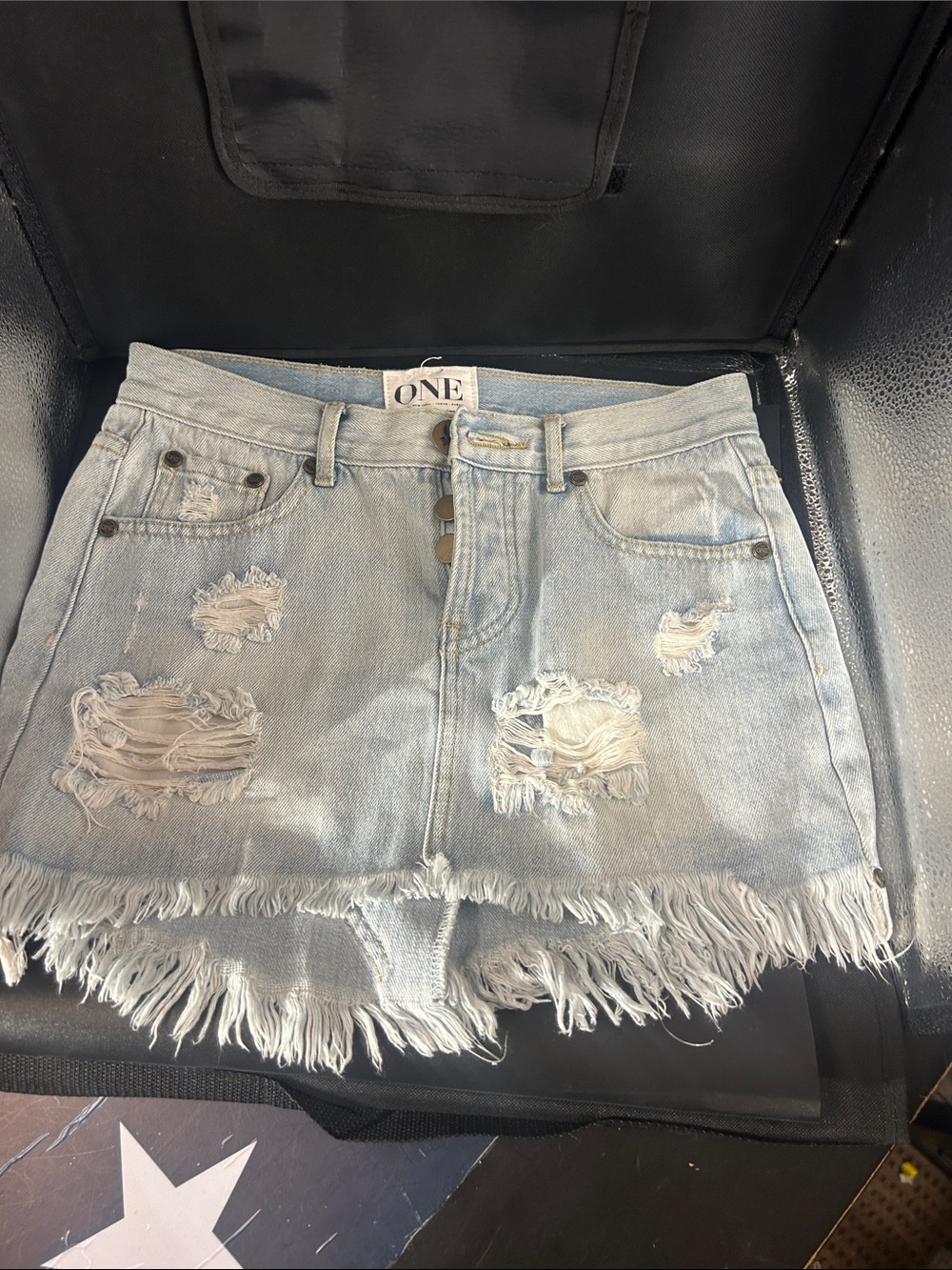 One Teaspoon Light Blue Distressed Denim Mini Skirt